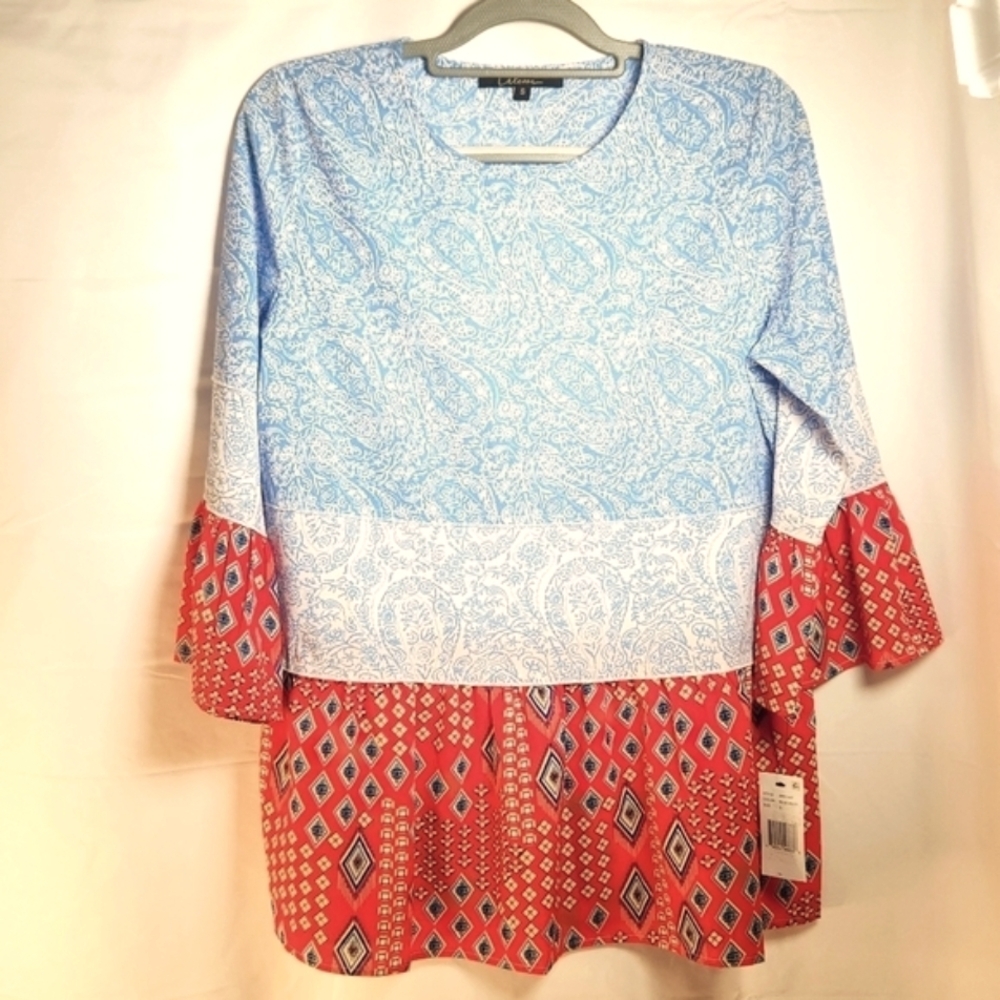 Calessa Red  White Blue Patterned Flowy Top
